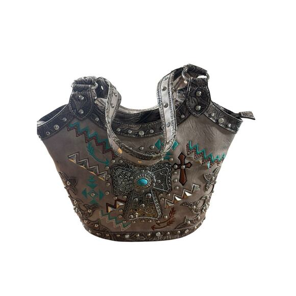 Cowgirl Trendy Tote Bag Concealed Weapon Rhinestone Studded Turquiose Southwest - Picture 7 of 14